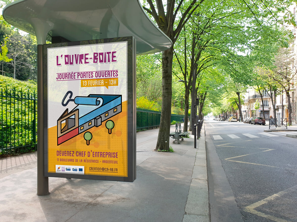 benjamin lecoq - graphiste paris - logo, publicité campagne l'ouvre boîte, pépiniere d'entreprise ville-argenteuil - affiche decaux - abri bus